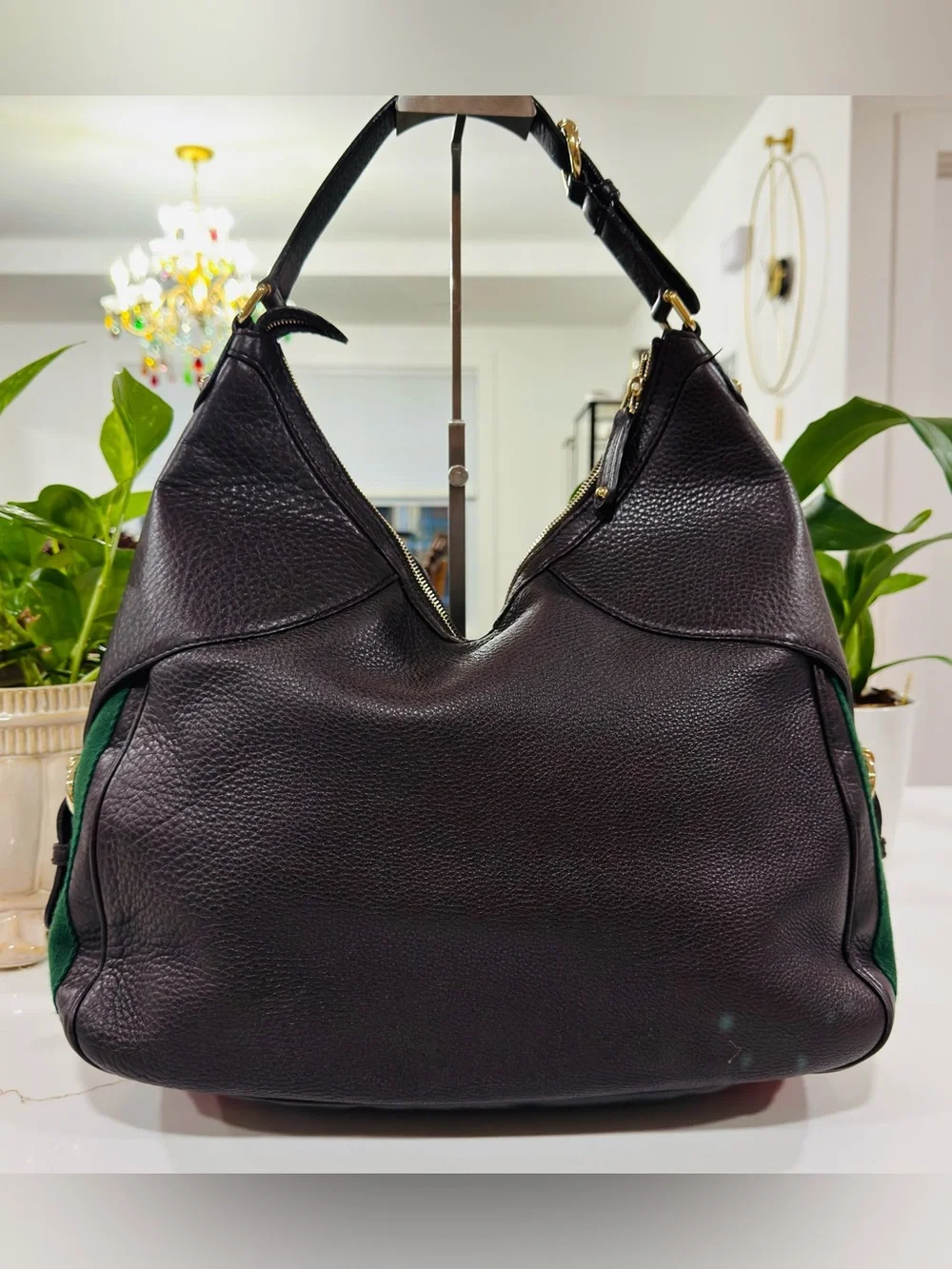 GUCCI Heritage Horsebit Hobo Brown Leather Shoulder Bag with Sherry Line